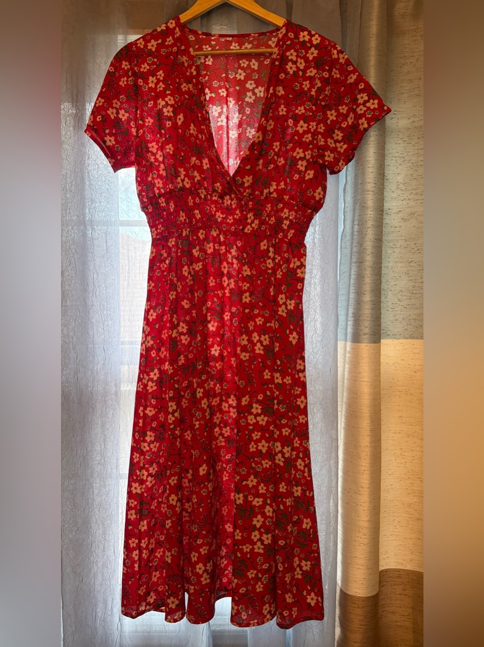 Red Floral V-Neck Midi Dress